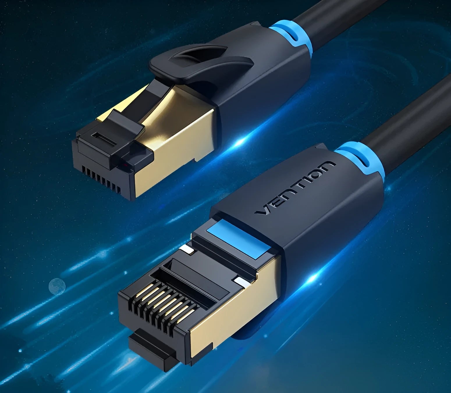CAT8 shielded flat and round Ethernet network cables in various lengths from 0.5m to 10m with gold RJ45 connectors.