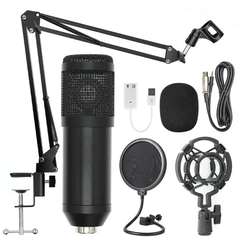 BM-800 condenser studio microphone with electroplated mesh head in choice of colours including black, silver, gold, and pink.