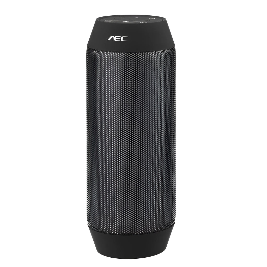 Black and white mini portable Bluetooth speaker with colourful RGB lights surrounding its base.