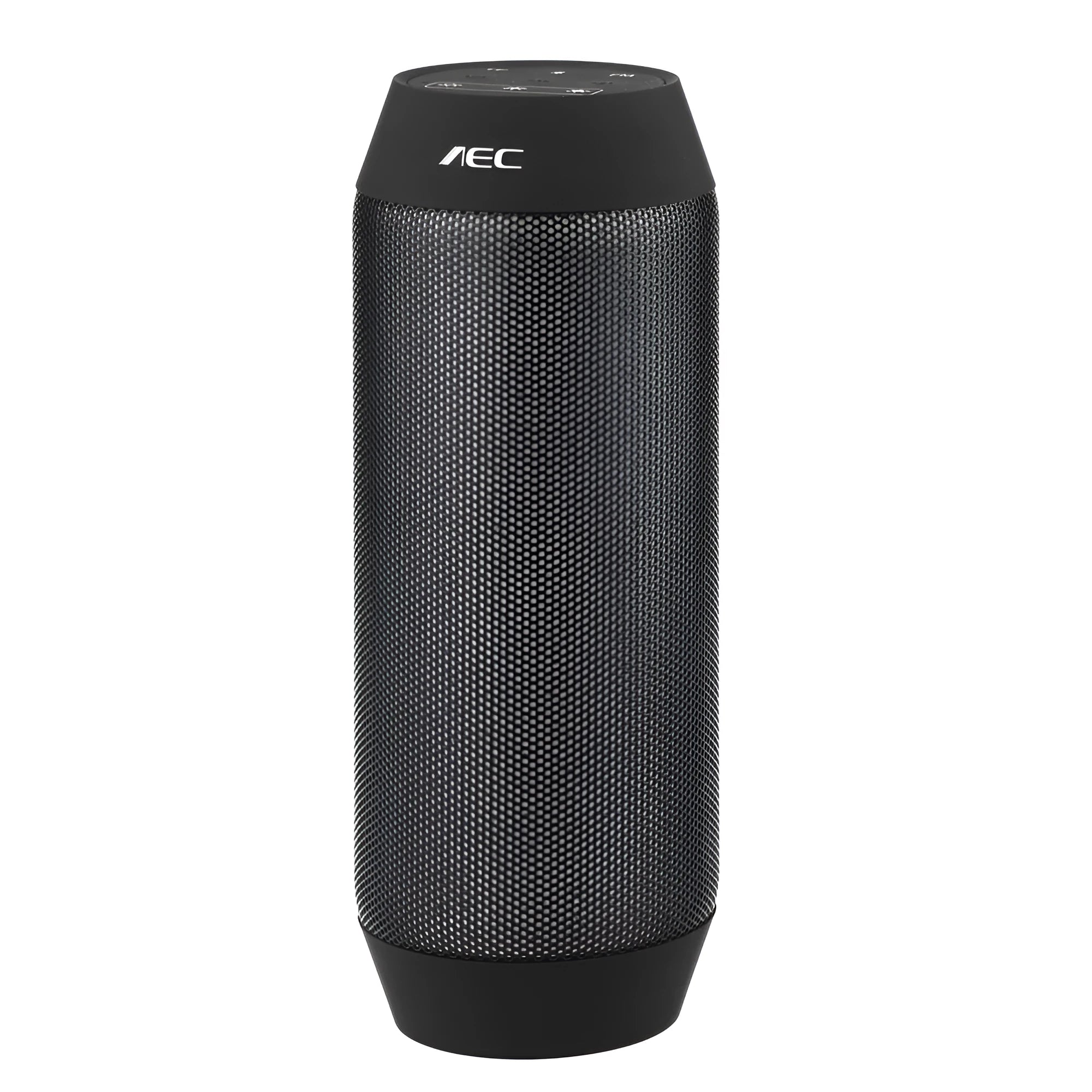 Black and white mini portable Bluetooth speaker with colourful RGB lights surrounding its base.