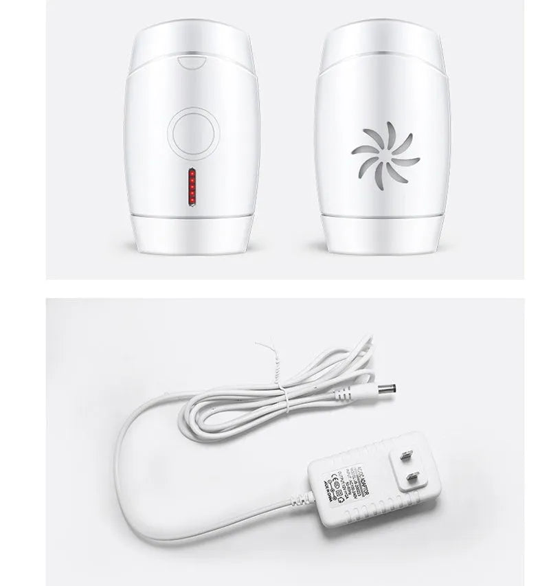 White home laser hair removal device with digital display and compact handheld design on a plain background.