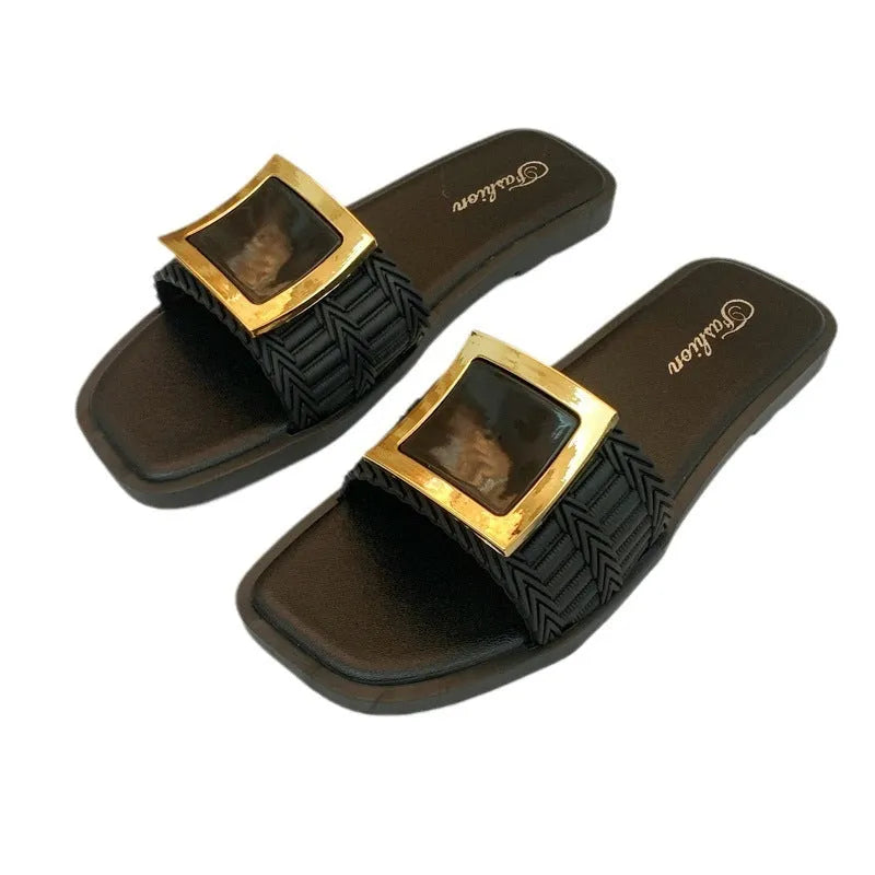 Women's casual flat slippers in apricot, black, or khaki with a waterproof PVC sole.
