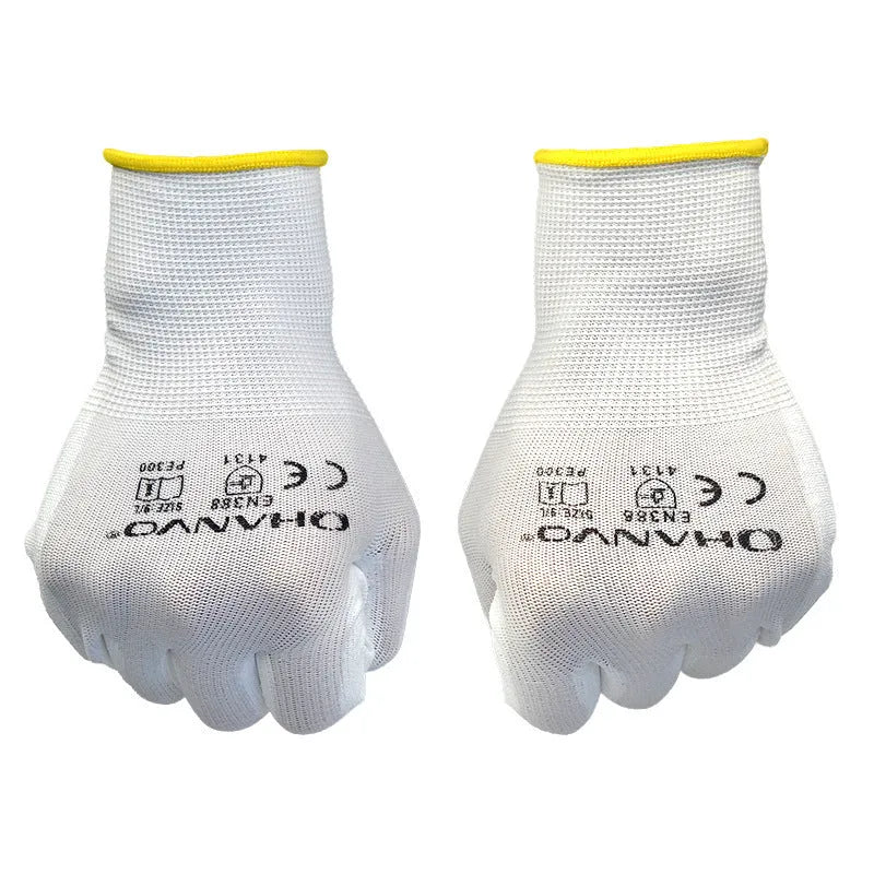 White PU coated work gloves showing flexible palm and 24 cm length, pack of 10 pairs.
