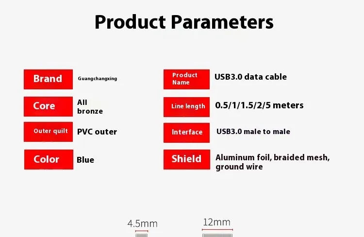 USB 3.0 data cable for hard disk boxes with nickel-plated connectors in multiple length options