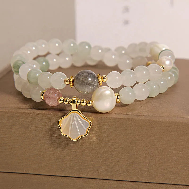 Tianshan jade emerald green crystal bracelet with gold-plated leaf pendant and rhinestone decoration