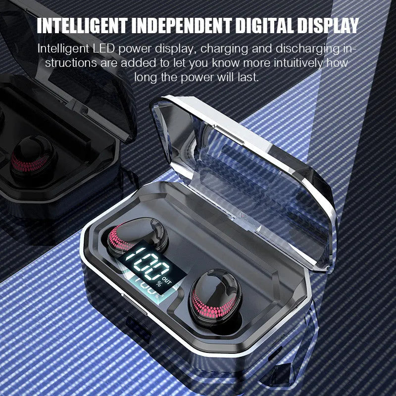 Black X10 Bluetooth headset and its compact rectangular charging case on a white background.