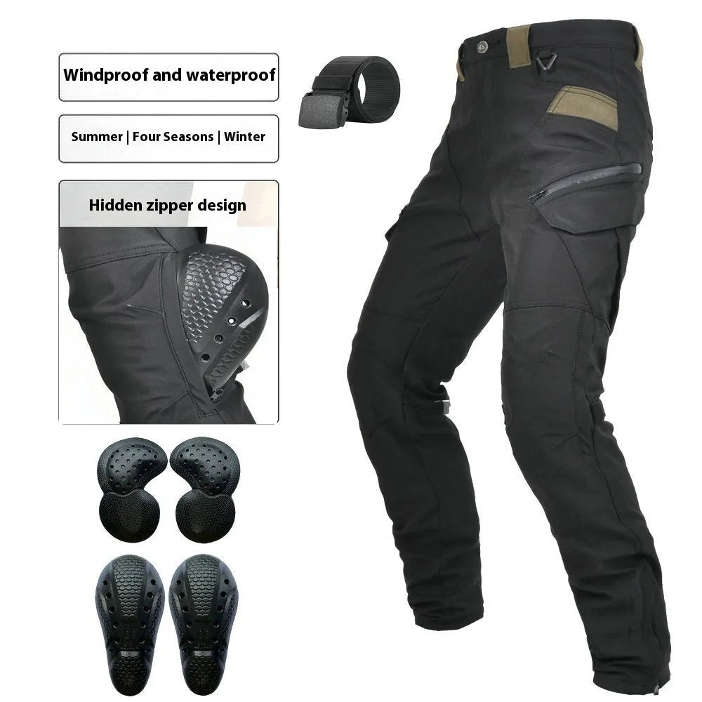Men's black waterproof motorcycle cycling trousers with protective gear on a mannequin