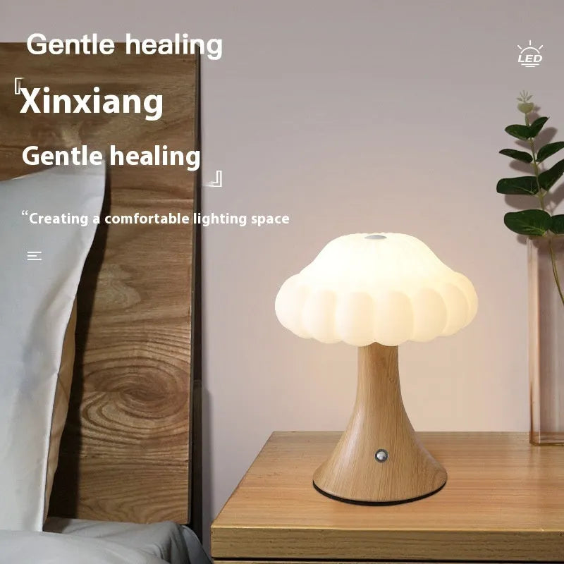 Mushroom-shaped touch control night lamp with USB charging in wood grain finish
