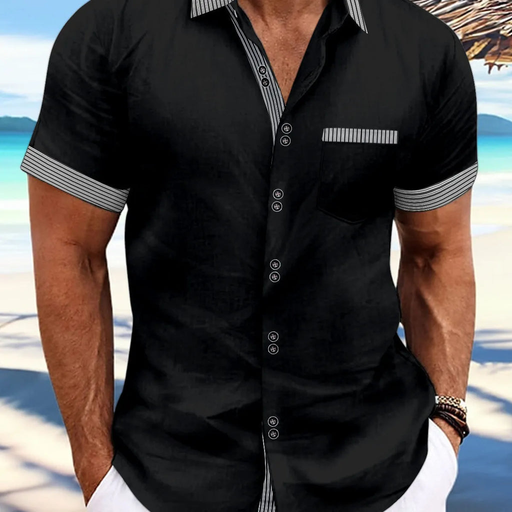 Men's striped short sleeve casual shirt in pure cotton with double buttons.