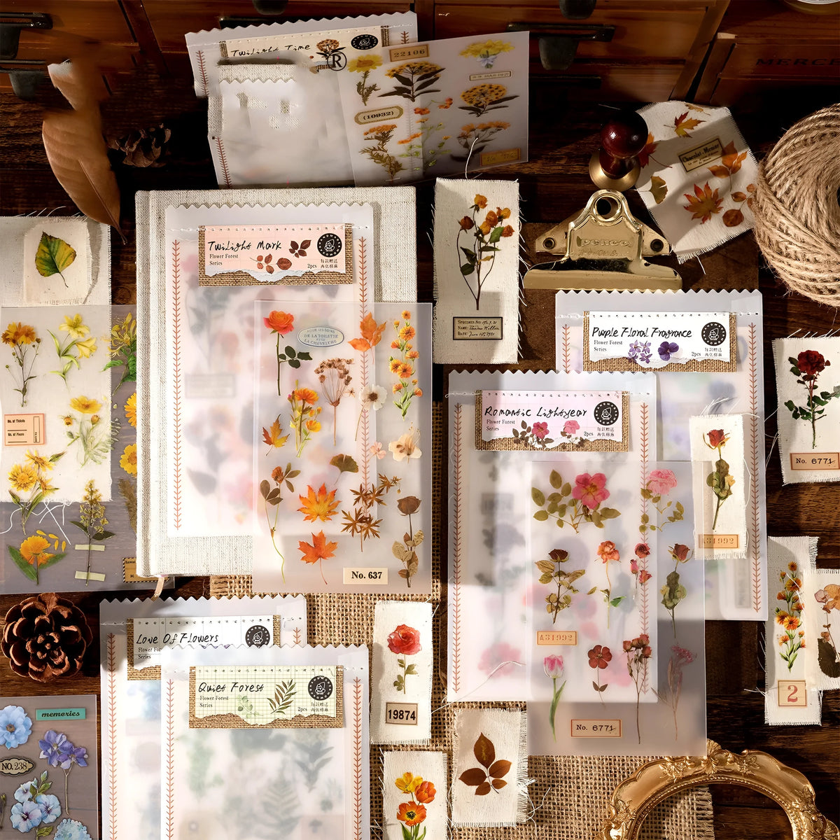 Huazhisen forest art label stickers showing six colour designs on 85x180mm transfer paper and cotton linen sheets