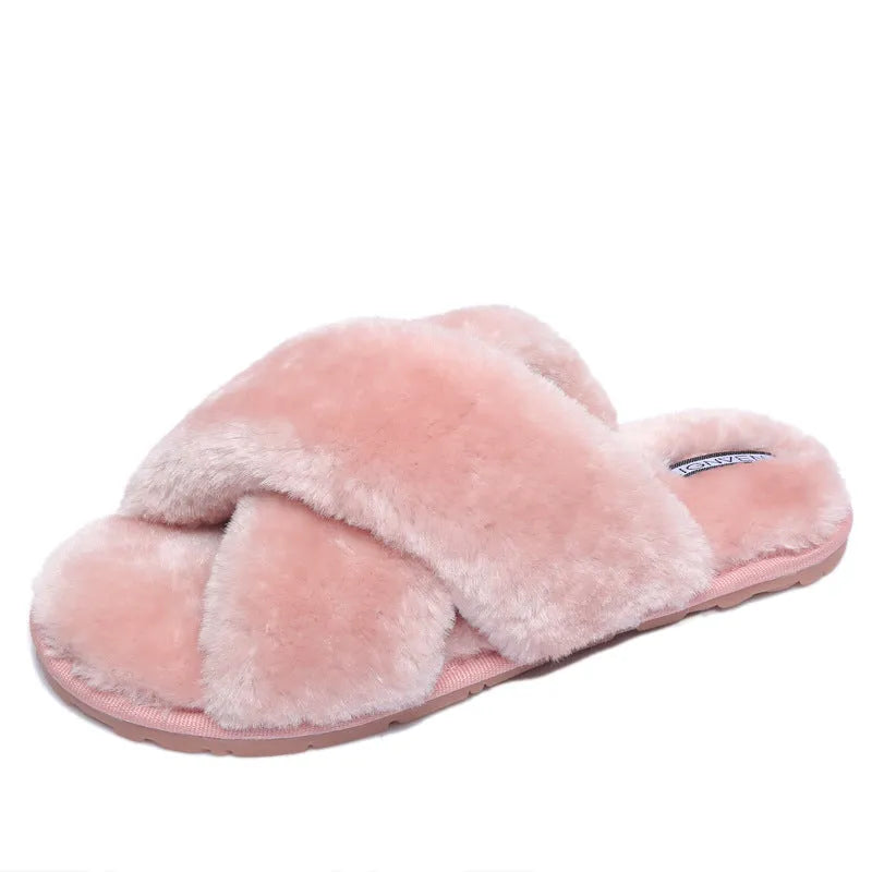 Cross open-toe fur slippers in multiple colours showing patterned sole and anatomical heel.