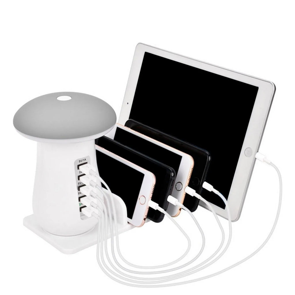 White mushroom LED desk lamp with 5-port USB charging dock station for phones and tablets