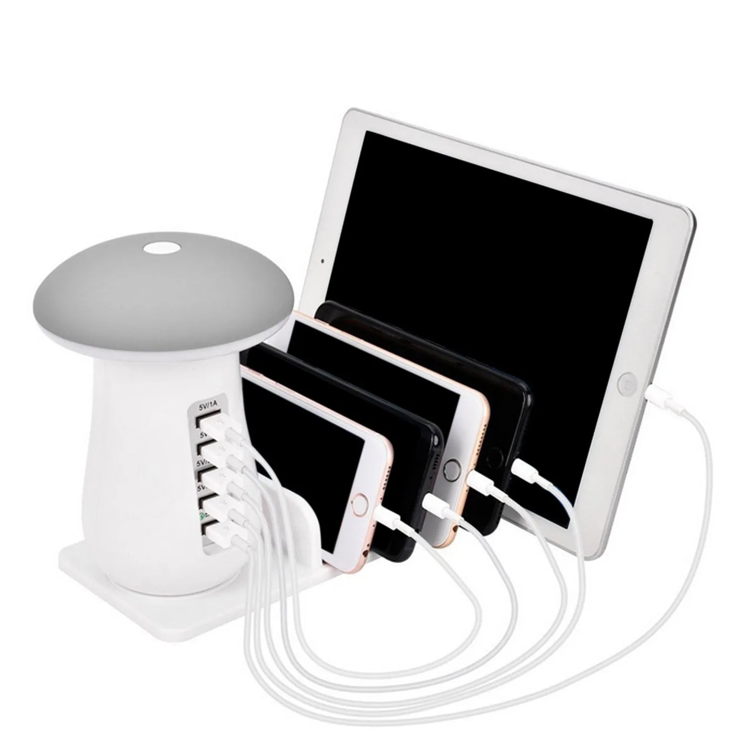 White mushroom LED desk lamp with 5-port USB charging dock station for phones and tablets