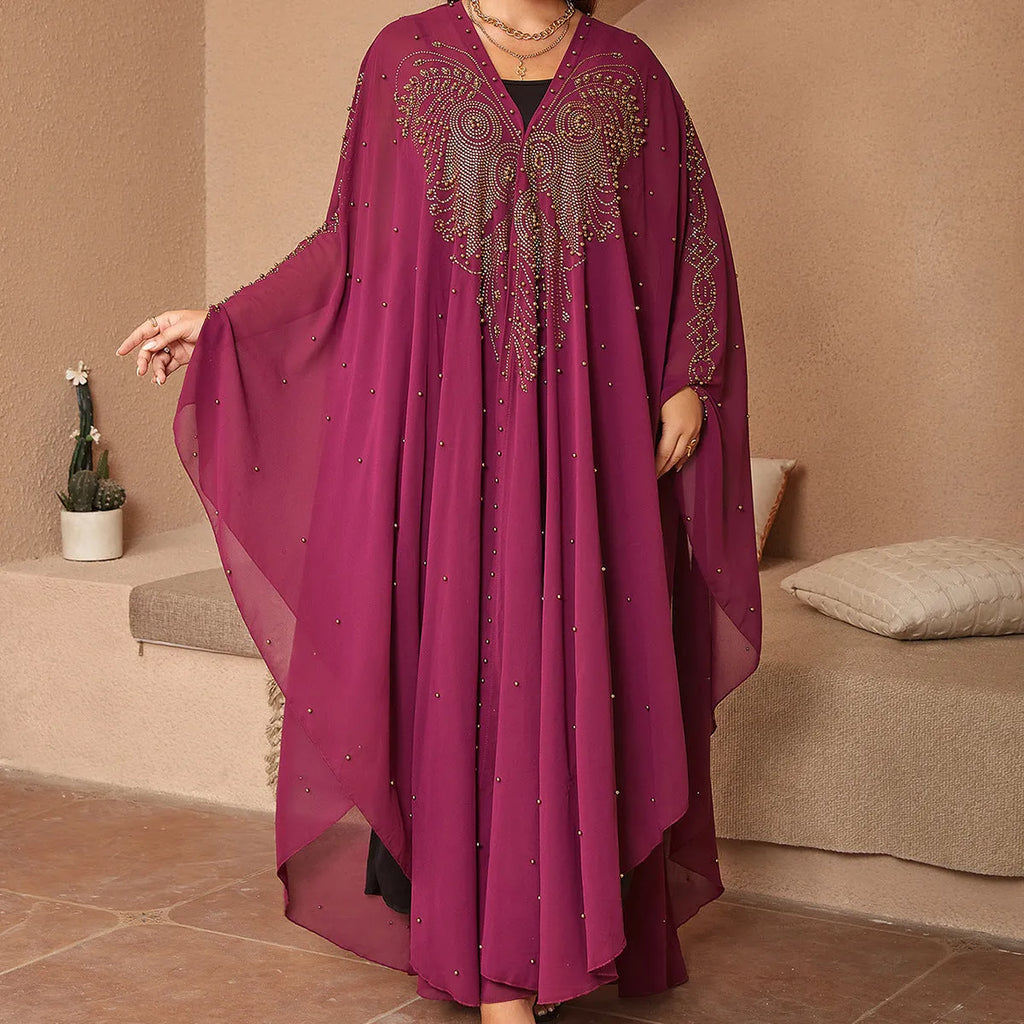 Purple rhinestone beaded Muslim style chiffon shawl draped over a mannequin.