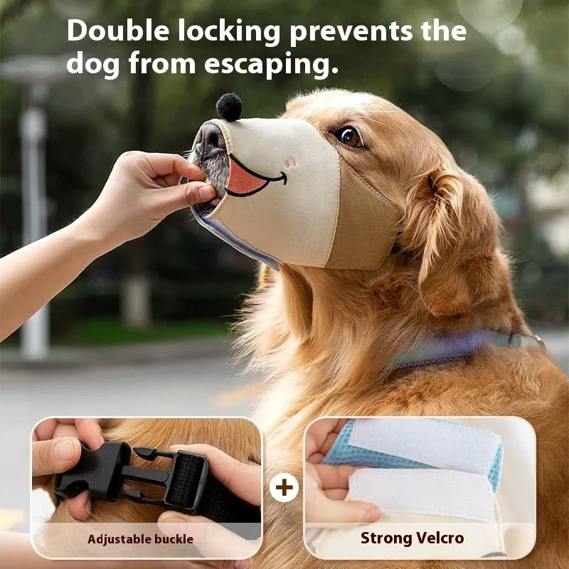 Canvas dog muzzle mouth cover in Bondi Blue Shark design, shown in size L for dogs 12.5-30kg.