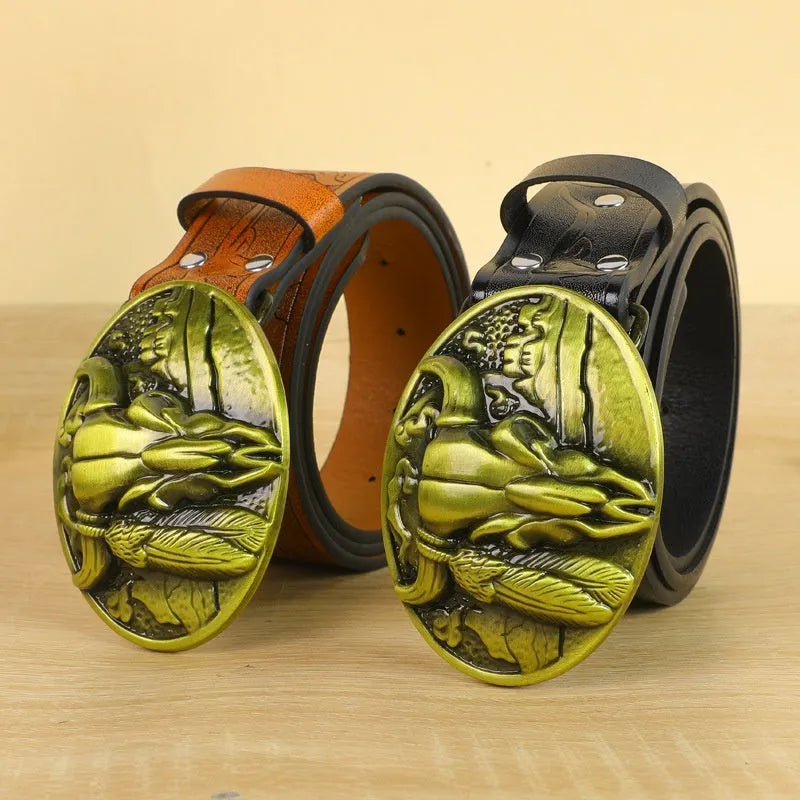 Men's imitation leather belt with a detailed alloy cow head buckle and pin buckle fastener.