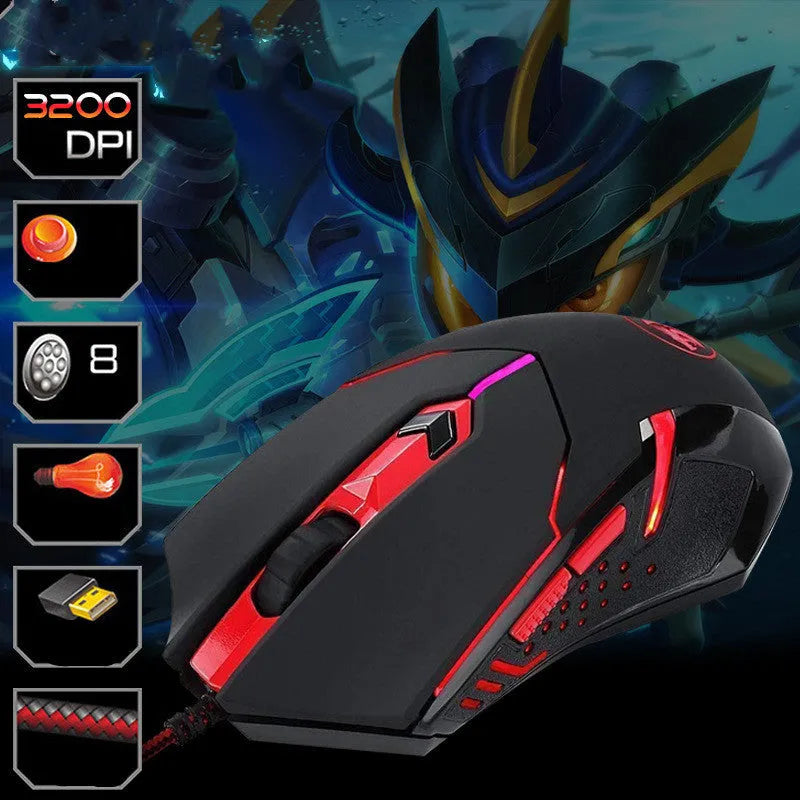 Black and red wired USB ergonomic gaming mouse with six buttons on a desk.