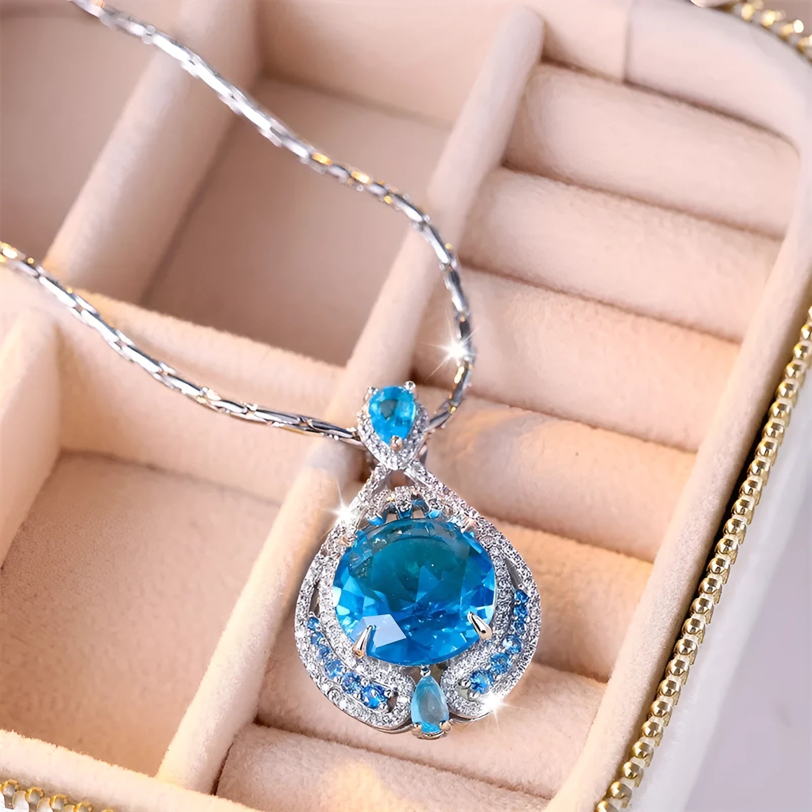 Blue crystal fireworks cut pendant necklace with water wave chain for women