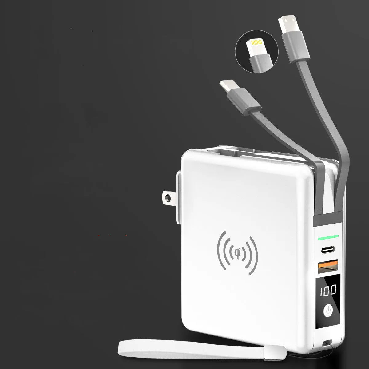 Super QI wireless charging power bank with folding AC plug in black or white colour
