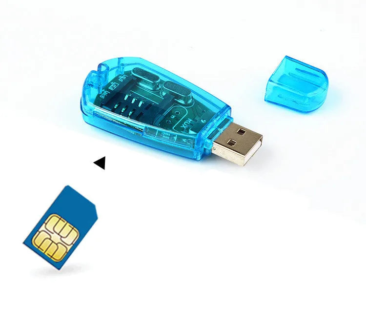 Blue external USB SIM card reader for mobile phone data transfer on a white background