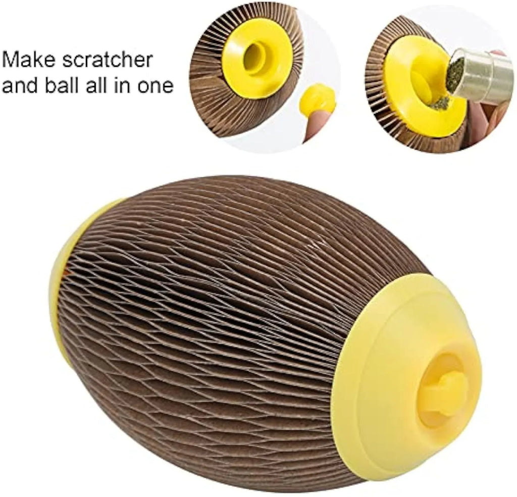 Ellipse‑shaped corrugated paper catnip football toy for cats with scratch surface