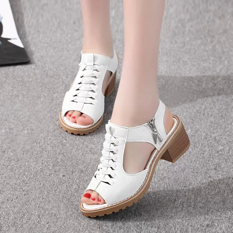 Women's retro sandals with side zipper in black, creamy white, and white colours