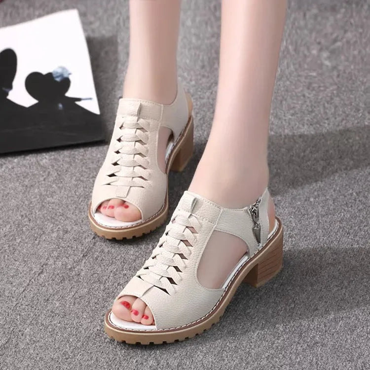 Women's retro sandals with side zipper in black, creamy white, and white colours