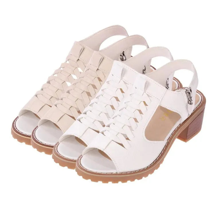 Women's retro sandals with side zipper in black, creamy white, and white colours