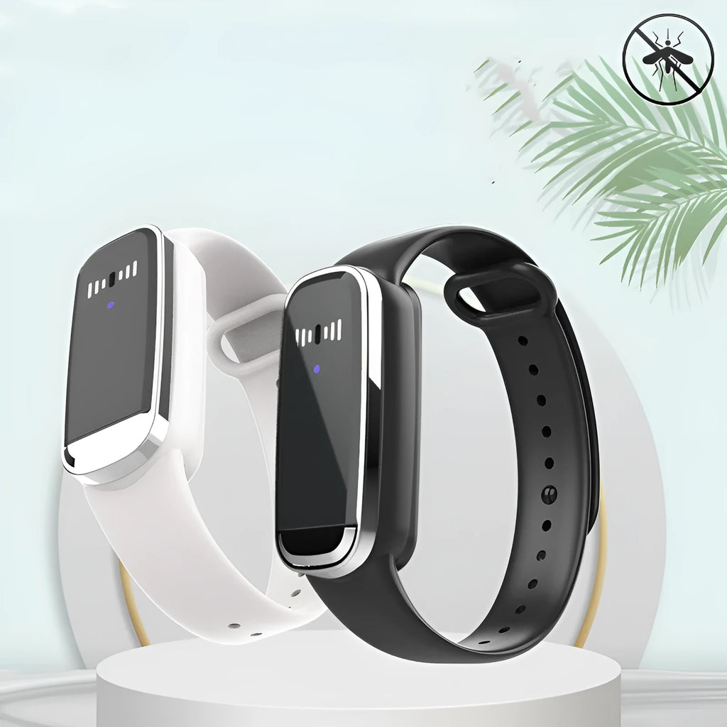 Black and white ultrasonic mosquito repellent bracelet showing wearable design and USB charging cable.