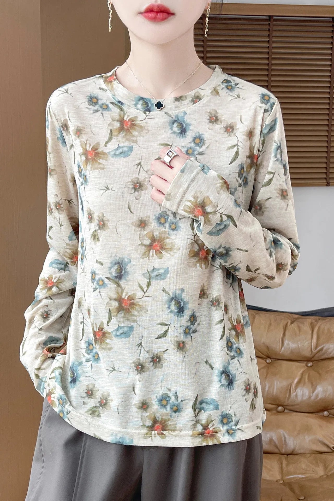 Round neck Tencel cotton pullover shirt with artistic printed design in one of five colour variations