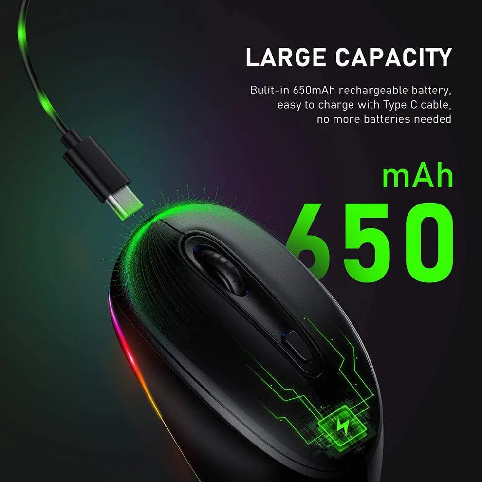 24g lightweight wireless ergonomic mouse in various colours next to a USB charging cable