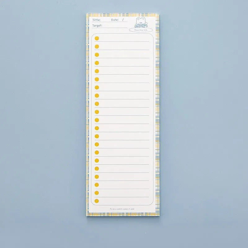 Cartoon character sticky note pad in a plastic storage box showing colourful striped and bear designs