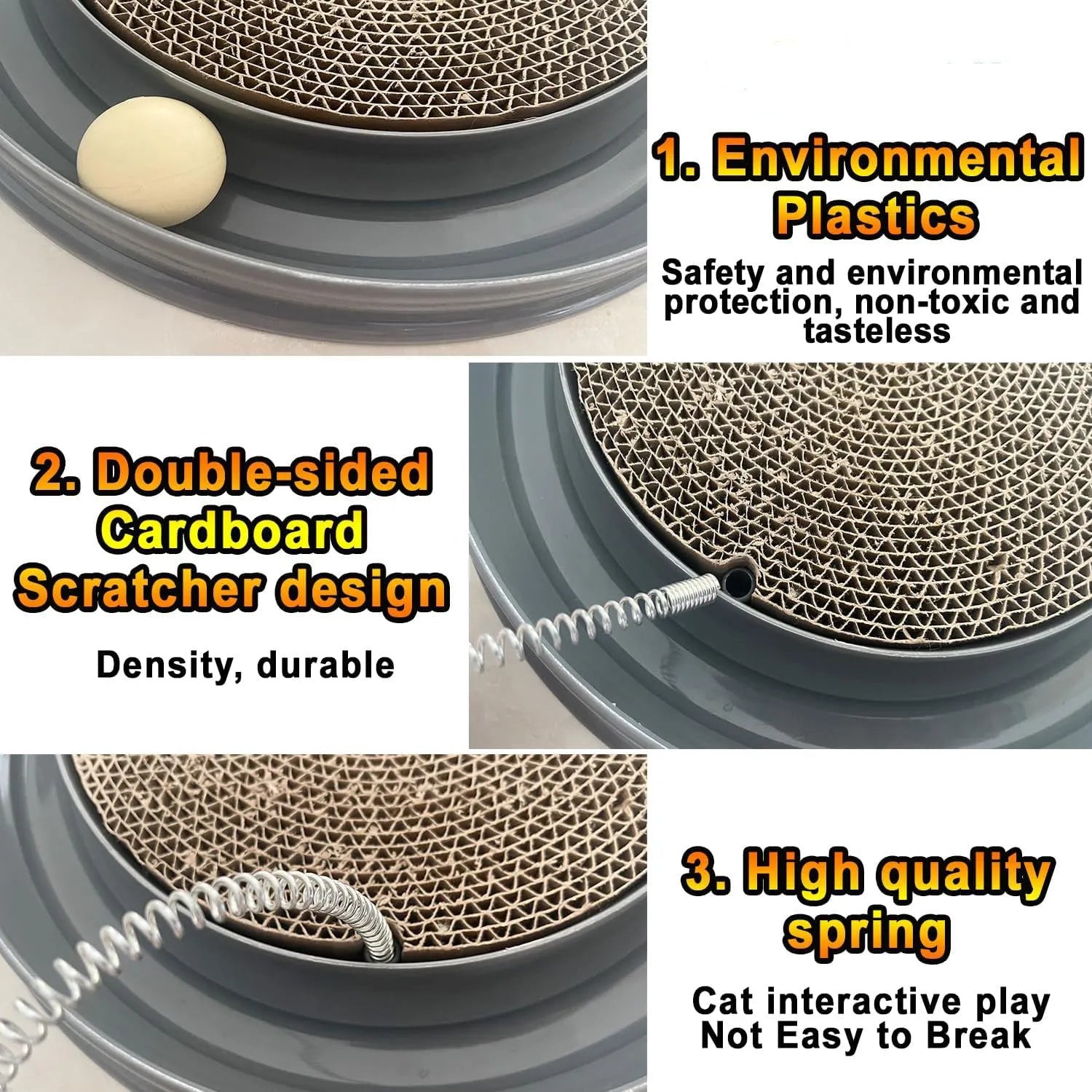 Circular cat scratching toy with ball track and textured centre pad in blue colour