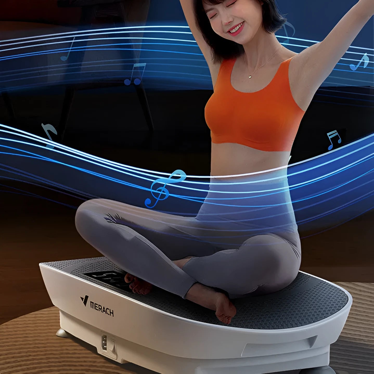 Grey smart power plate fitness board showing platform surface and control panel with dimensions 58cm by 38cm