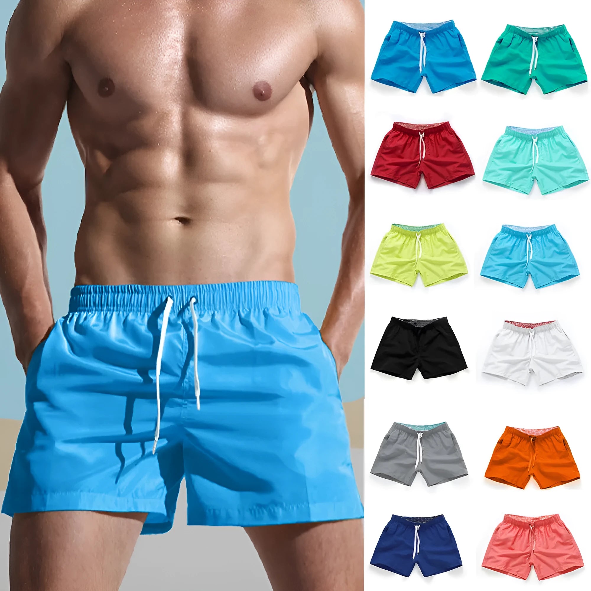 Men's polyester beach shorts for surfing in multiple colours including black white red and fluorescent options