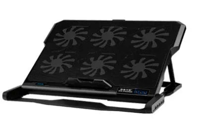 Black metal mesh laptop cooling board with a fan, placed under a notebook on a desk.