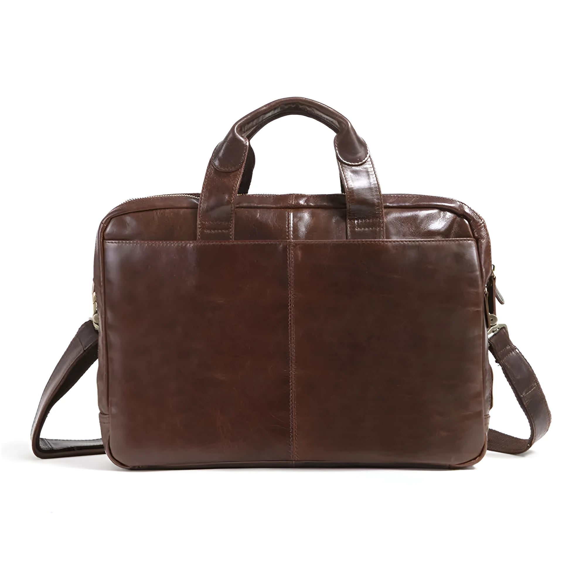 Brown leather men's business briefcase with 18-inch size and visible grain pattern