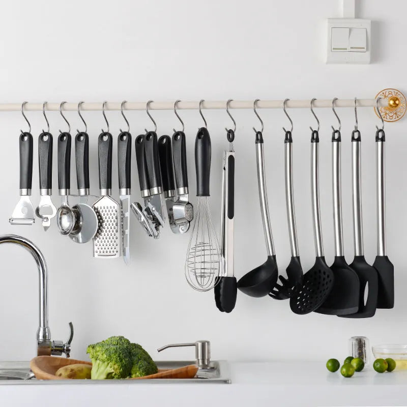 Black silicone kitchen utensil set with stainless steel handles - 16 pieces for cooking