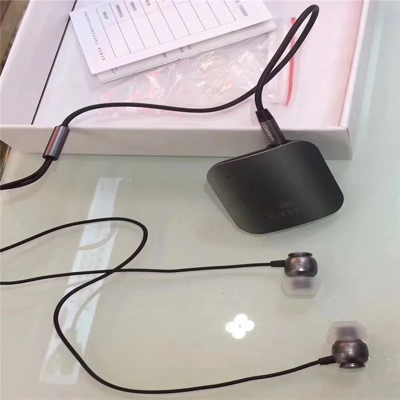 Bluetooth audio receiver for running headphones with lavalier microphone support in black, grey, and red colours