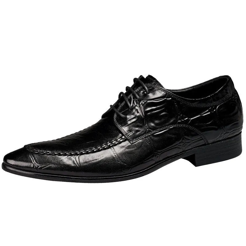 Men's black alligator pattern leather shoes with a silver horse bit buckle on the front.