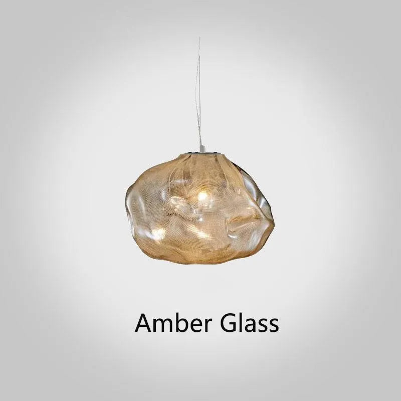 Modern glass chandelier with fabric accents in clear, amber or smoke grey colour options