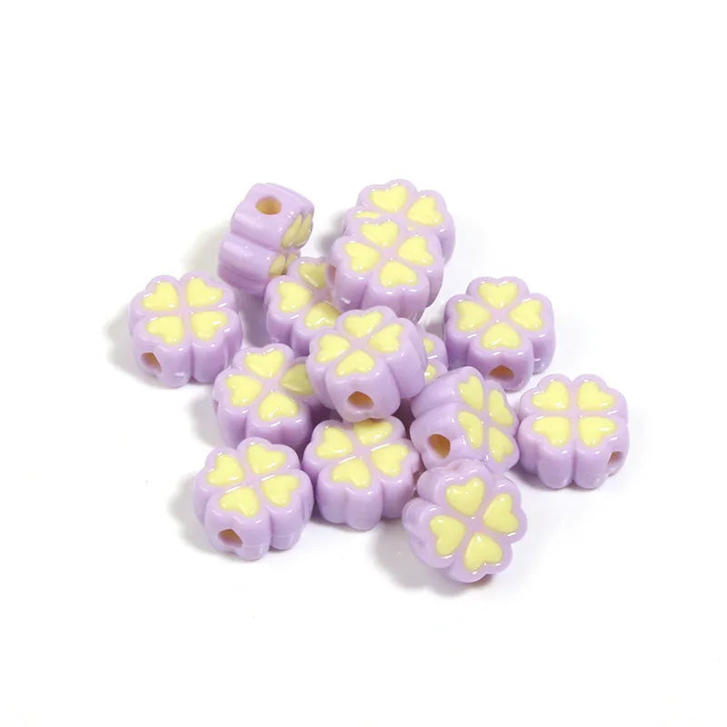 15mm acrylic four-leaf clover beads with frosted finish in various colours including rose red, pink, yellow, green, blue, purple