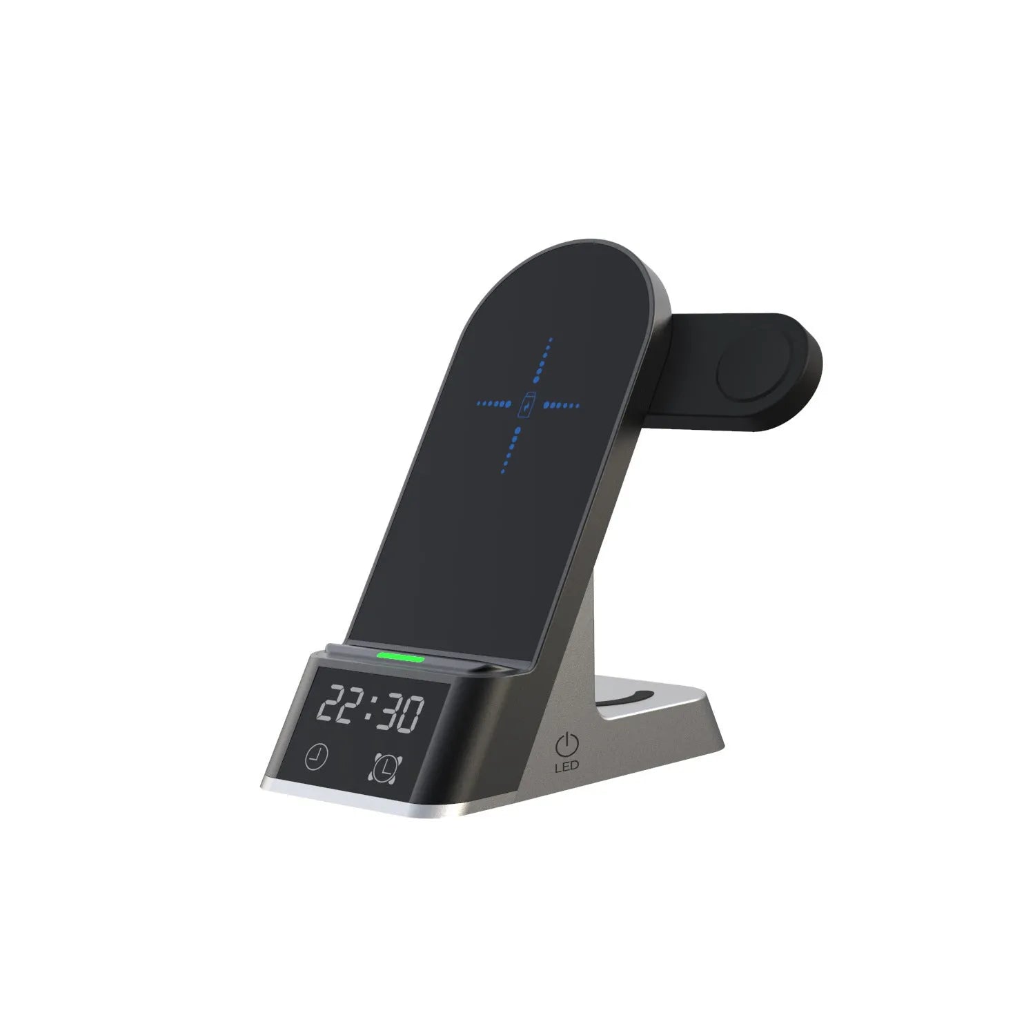 Black six-in-one alarm clock wireless charging station with display and charging surface