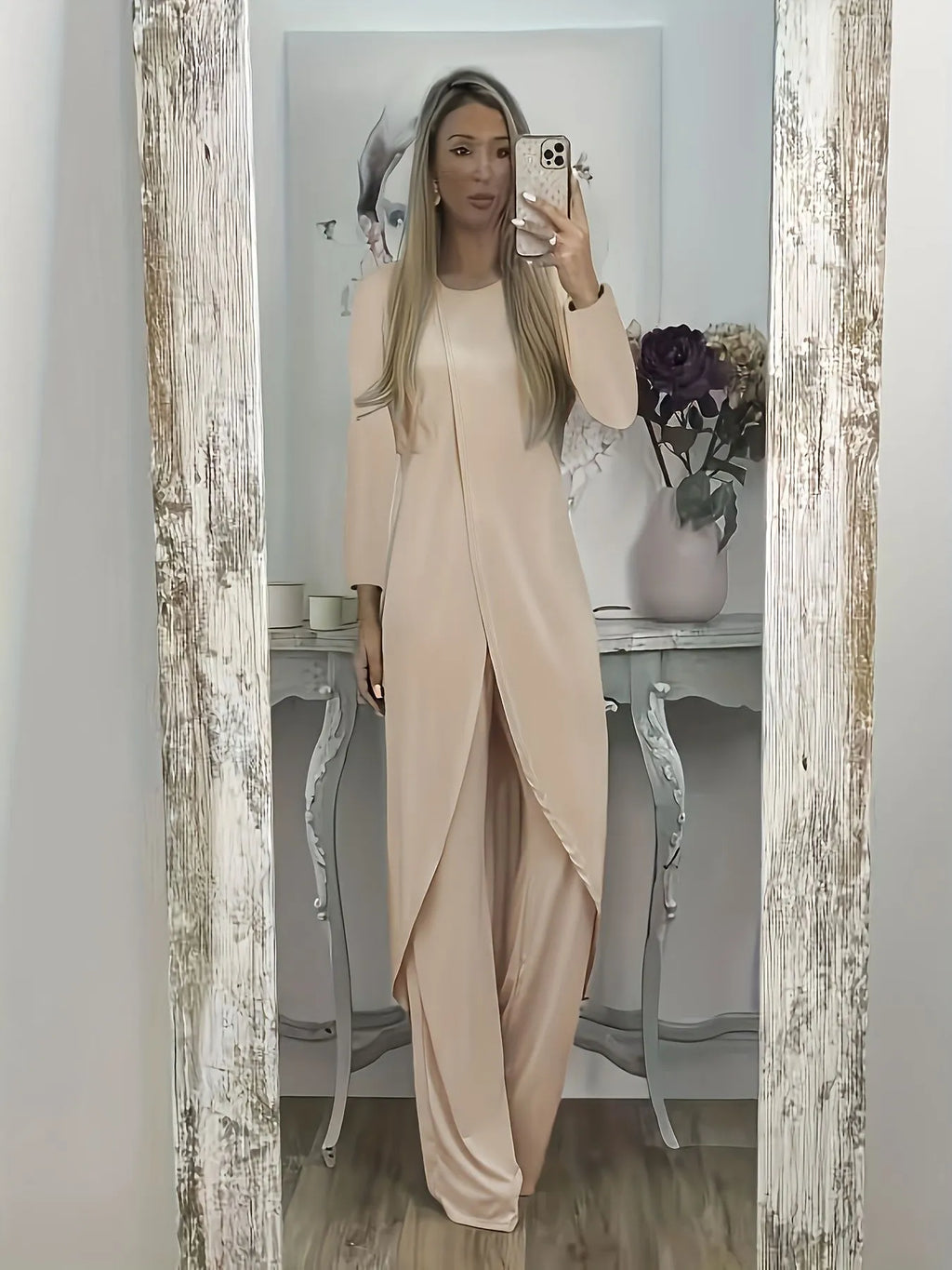 Casual long sleeve two-piece set with loose round neck top and matching trousers in polyester