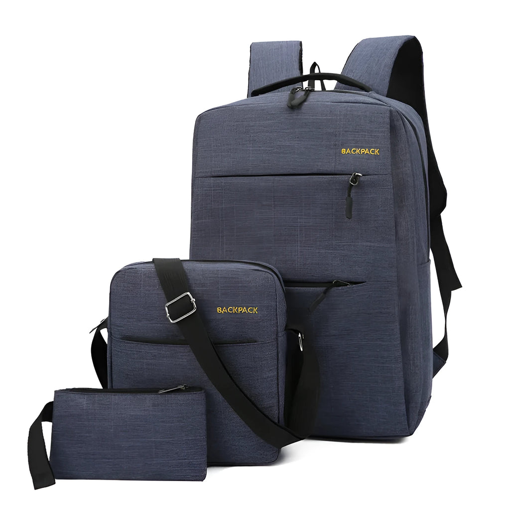Men's USB charging three-piece nylon computer bag set in wine red, shown with internal compartments.