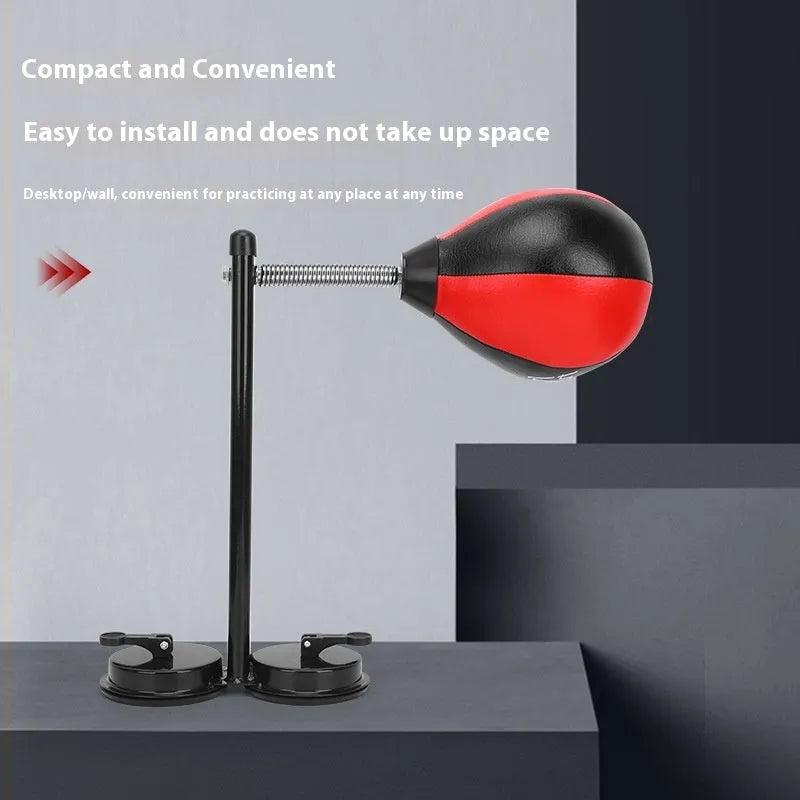 Pear-shaped boxing speed ball with double suction cup mounting and red/black ball head