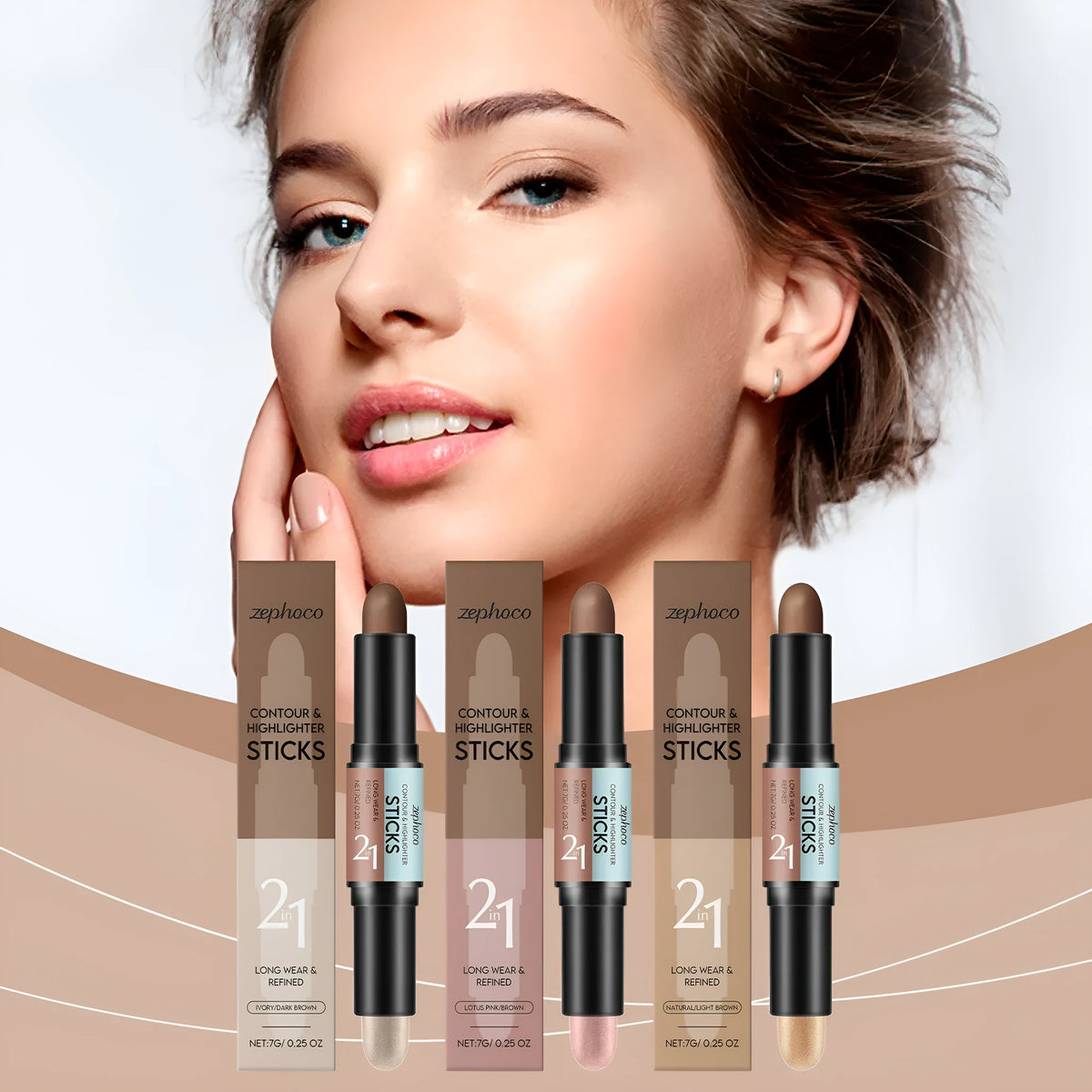 2-in-1 outline highlighter and highlight repair makeup pen in three colour shades.