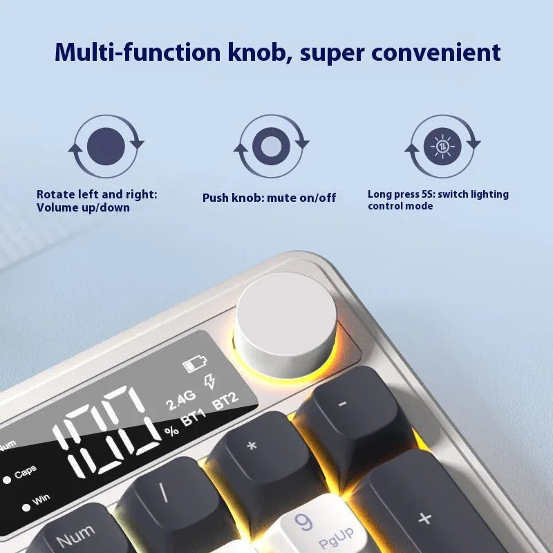 Wireless blue and white mechanical-feel keyboard and mouse on a desk with Type-C cable.