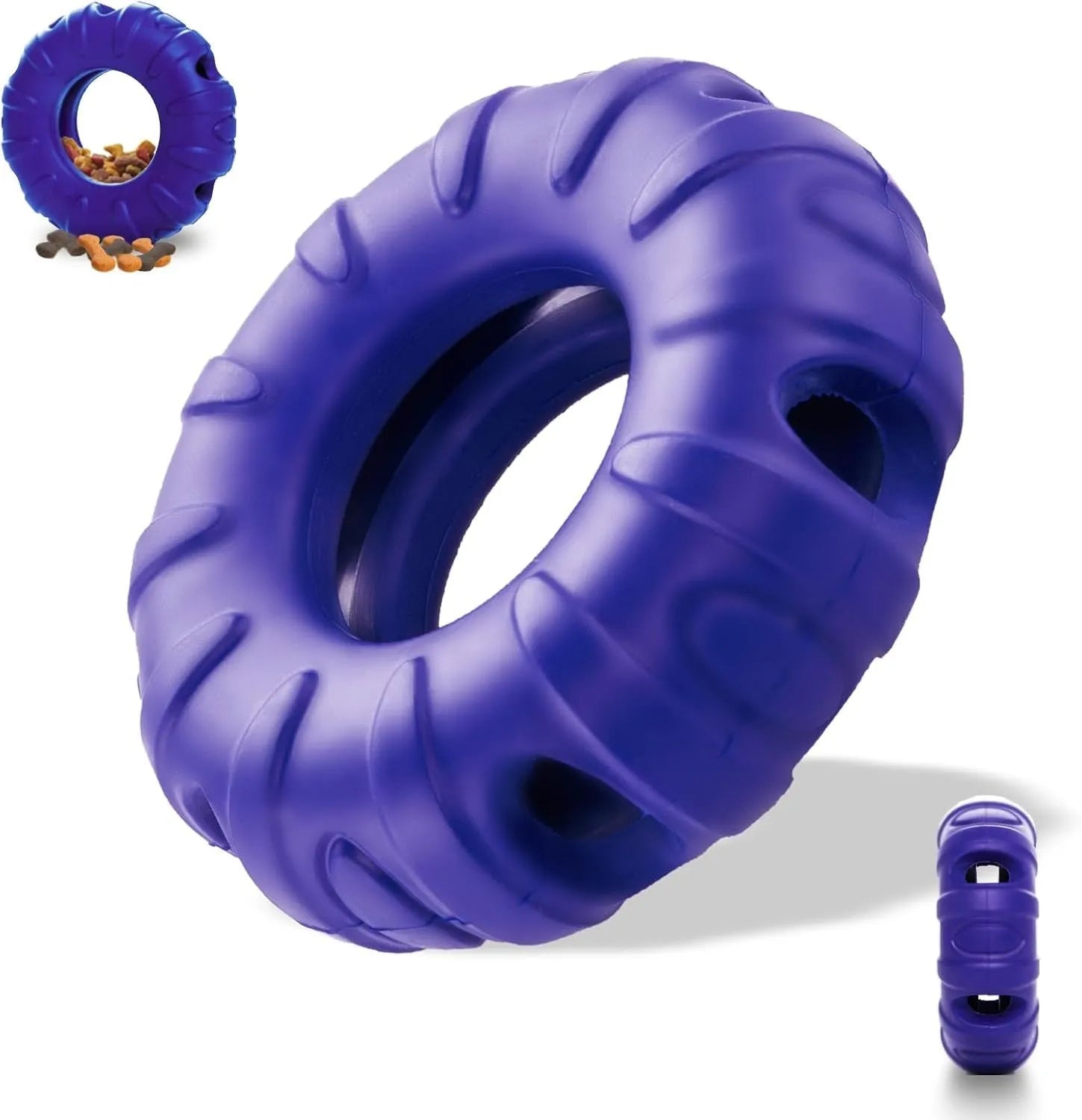 Blue natural rubber tyre-shaped dog chew toy with oval openings for treat dispensing.