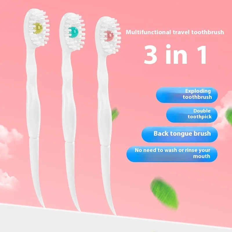 Box containing 20 small white disposable bead toothbrushes with compact rounded heads for travel.